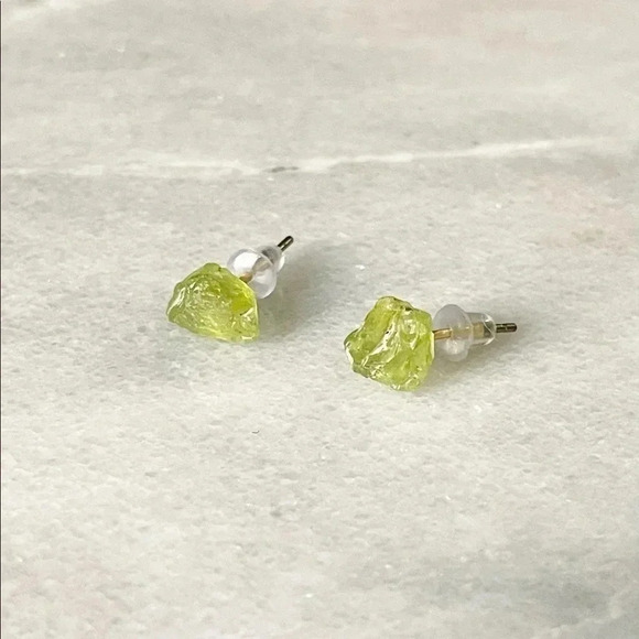 Dainty August Birthstone Raw Peridot Earrings - Picture 3 of 6